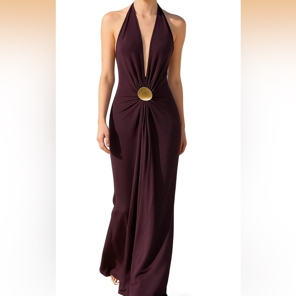 Elegant Deep Plum Evening Gown with Gold Accent